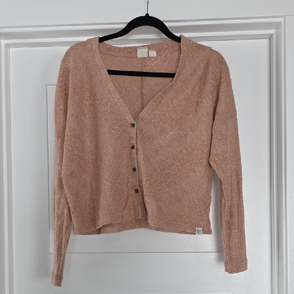 Roxy Cropped Button Front Cardigan Sweater Peach Boho Casual